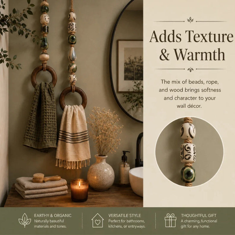 🧺 50% DE RÉDUCTION! 🌸 Porte-serviette en perles – Céramique, jute & bois – Style bohème ✨