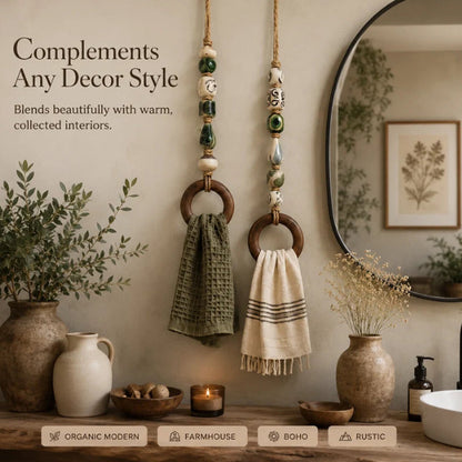 🧺 50% DE RÉDUCTION! 🌸 Porte-serviette en perles – Céramique, jute & bois – Style bohème ✨