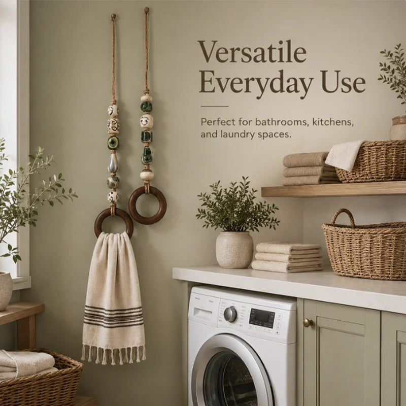🧺 50% DE RÉDUCTION! 🌸 Porte-serviette en perles – Céramique, jute & bois – Style bohème ✨