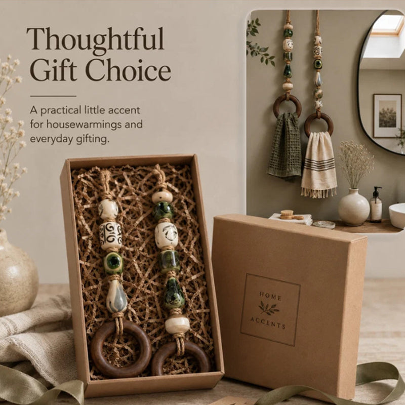 🧺 50% DE RÉDUCTION! 🌸 Porte-serviette en perles – Céramique, jute & bois – Style bohème ✨