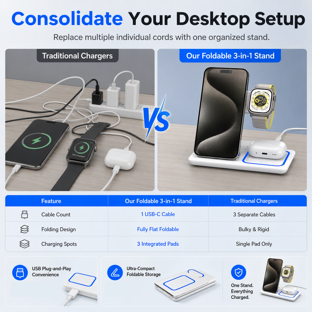 15W Foldable 3 in 1 Magnetic Wireless Charging Station and Desktop Phone Stand