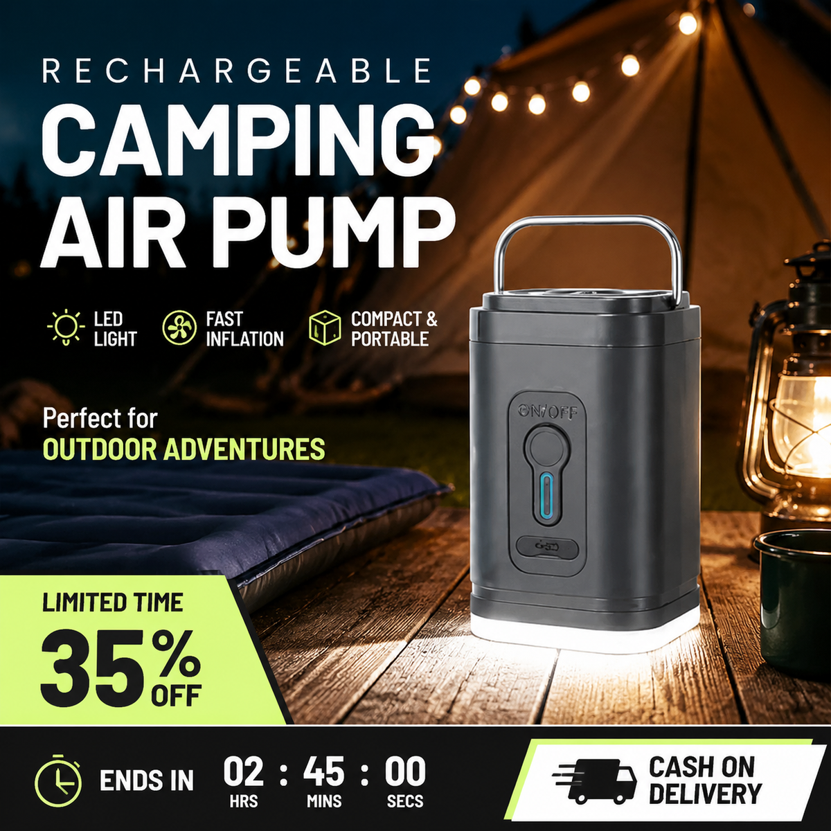 🏕️ PROMO FLASH : 50% DE RÉDUCTION ! Pompe à Air Rechargeable pour Camping – Gonflage Rapide 200 L/min, Éclairage LED & Batterie 1200 mAh for des Aventures Sans Tracas ✨🔋